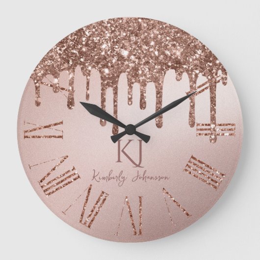 Rose Gold Glitzer Glam & Monogram Initialen Große Wanduhr (Vorderseite)