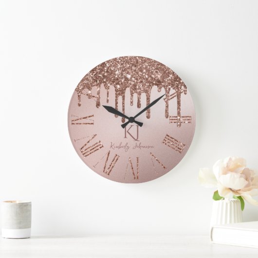 Rose Gold Glitzer Glam & Monogram Initialen Große Wanduhr (Zuhause)