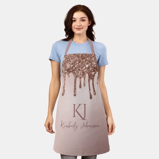 Rose Gold Glitzer Glam & Monogram Initialen Schürze (Getragen)