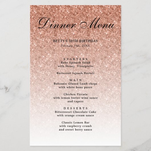 Rose Gold Glitzer Glam Party Paper Menü (Vorne)