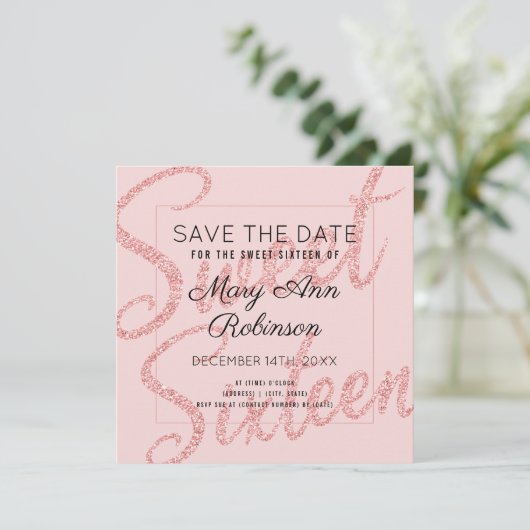 Rose Gold Glitzer Glam Sweet 16 Rett Einladung (Stehend Vorderseite)