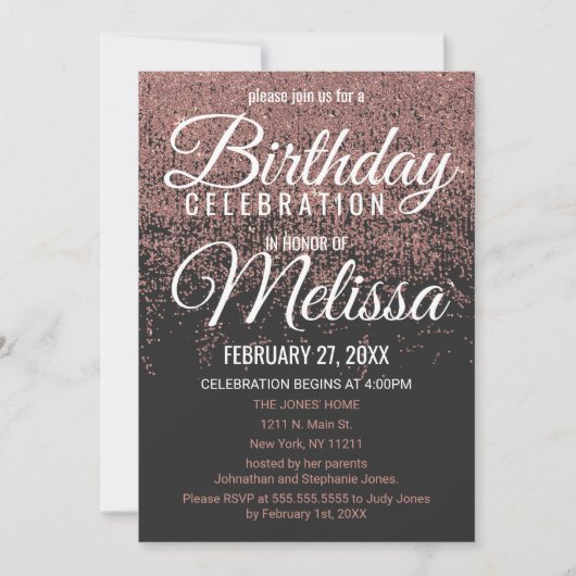Rose Gold Glitzer Glitzern Black Birthday Party Einladung (Vorderseite)