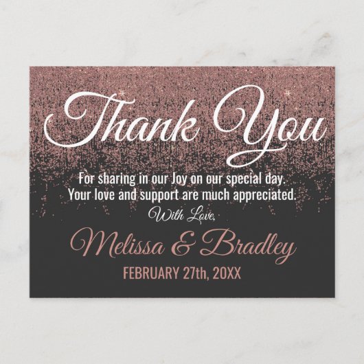Rose Gold Glitzer Glitzern Black Danke Postkarte (Vorderseite)