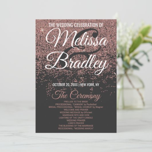 Rose Gold Glitzer Glitzern Black Wedding Programme (Stehend Vorderseite)
