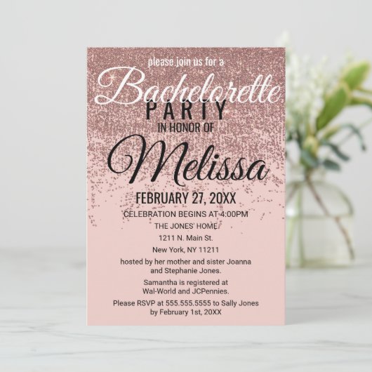 Rose Gold Glitzer Glitzern Blush Pink Bachelorette Einladung (Stehend Vorderseite)
