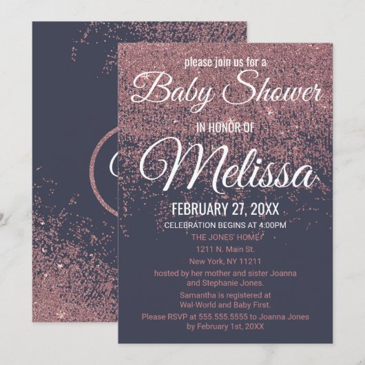 Rose Gold Glitzer Glitzern Navy Blue Baby Dusche Einladung (Vorne/Hinten)