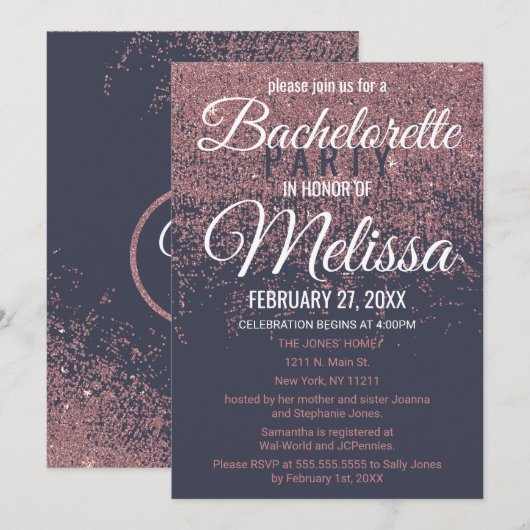 Rose Gold Glitzer Glitzern Navy Blue Bachelorette Einladung (Vorne/Hinten)