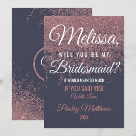 Rose Gold Glitzer Glitzern Navy Blue Bridesmaid Einladung