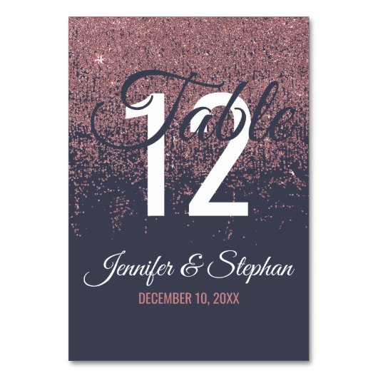 Rose Gold Glitzer Glitzern Navy Blue Tischnummern (Vorderseite)