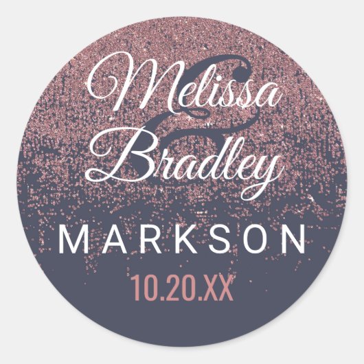 Rose Gold Glitzer Glitzern Navy Blue Wedding Runder Aufkleber (Vorderseite)
