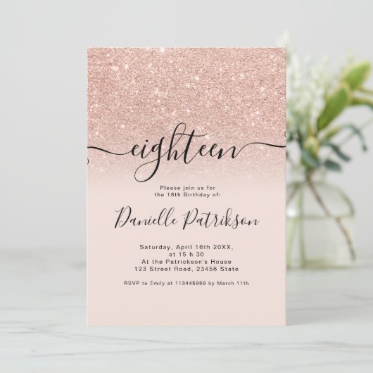Rose gold Glitzer Glitzern pink ombre achtzehn Einladung (Stehend Vorderseite)