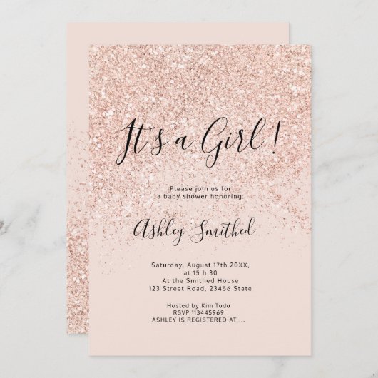 Rose Gold Glitzer Glitzern Rosa Mädchendusche Einladung (Vorne/Hinten)