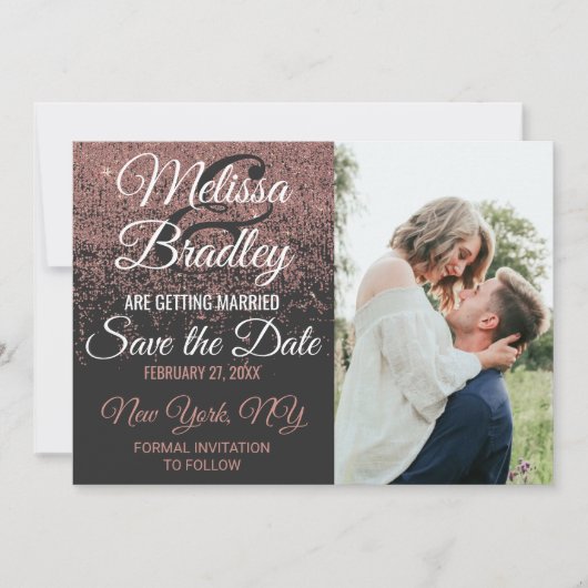 Rose Gold Glitzer Glitzern Schwarz Speichern Sie d Einladung (Vorderseite)