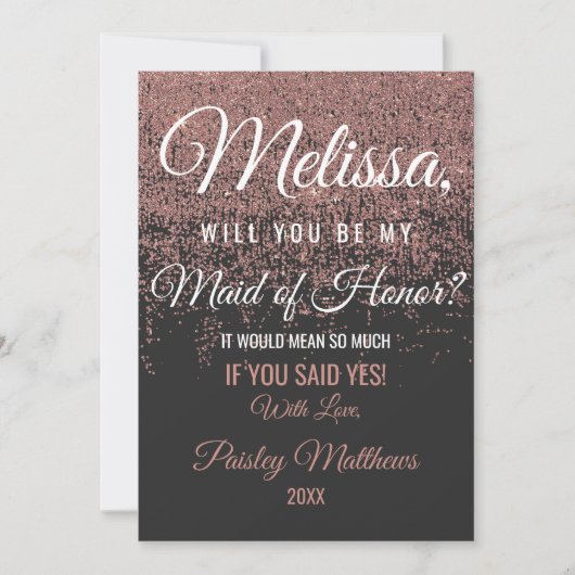 Rose Gold Glitzer Glitzern Schwarze Trauzeugin Einladung (Vorderseite)