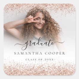 Rose Gold Glitzer Grad Foto Name Class of Year Quadratischer Aufkleber