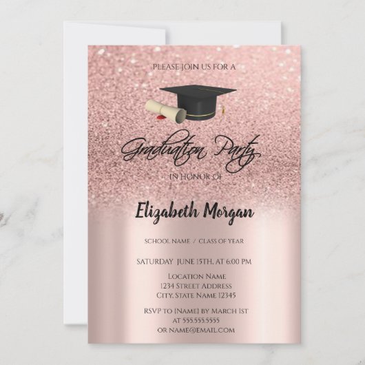 Rose Gold Glitzer Graduation Cap Abschluss Invit Einladung (Vorderseite)