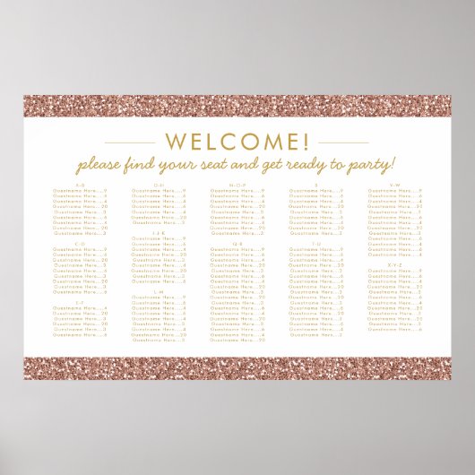 Rose Gold Glitzer Große Alphabetische Sitzkarte Poster (Vorne)