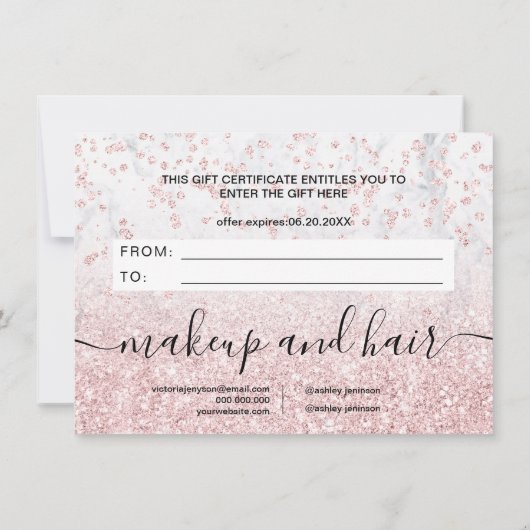 Rose Gold Glitzer Gutschein aus weißem Marmor (Rückseite)