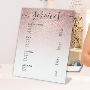 Rose Gold Glitzer Haarstylist Preis Service Menü Sockelschild