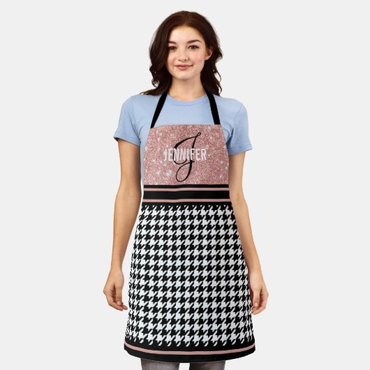 Rose Gold Glitzer Hahnentrittmuster Ihr Name Monog Schürze (Getragen)
