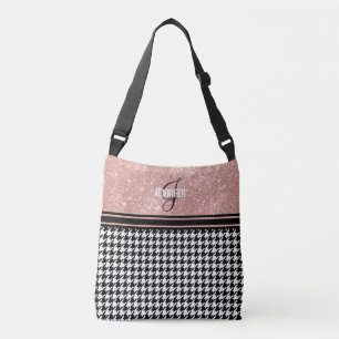 Rose Gold Glitzer Hahnentrittmuster Monogramm Name Tragetaschen Mit Langen Trägern