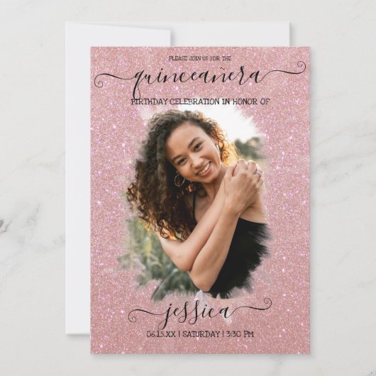 Rose Gold Glitzer Halo Foto Collage Quinceañera Einladung (Vorderseite)