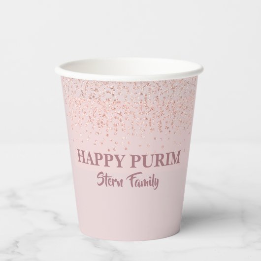 Rose Gold Glitzer Happy Purim Pappbecher (Vorderseite)