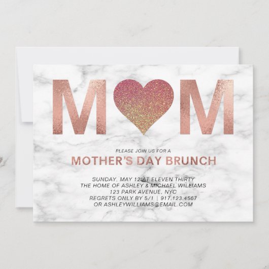 Rose Gold Glitzer Heart Mother's Day Brunch Einladung (Vorderseite)