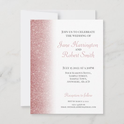 Rose Gold Glitzer Hochzeitseinladung Feiertagskarte (Vorderseite)