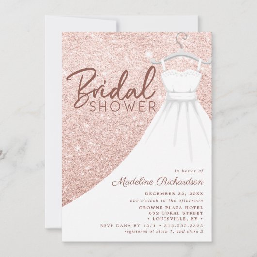 Rose Gold Glitzer Hochzeitskleid Chic Brautparty Einladung (Vorderseite)