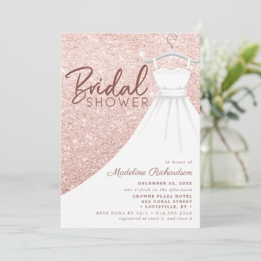 Rose Gold Glitzer Hochzeitskleid Chic Brautparty Einladung (Stehend Vorderseite)