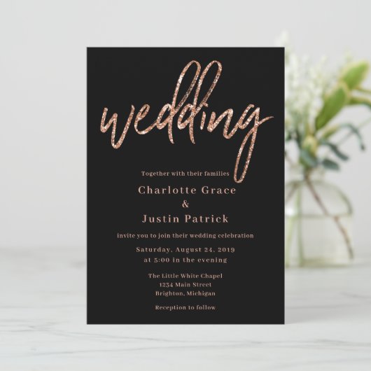Rose Gold Glitzer Hochzeitsvorlage Einladung (Stehend Vorderseite)