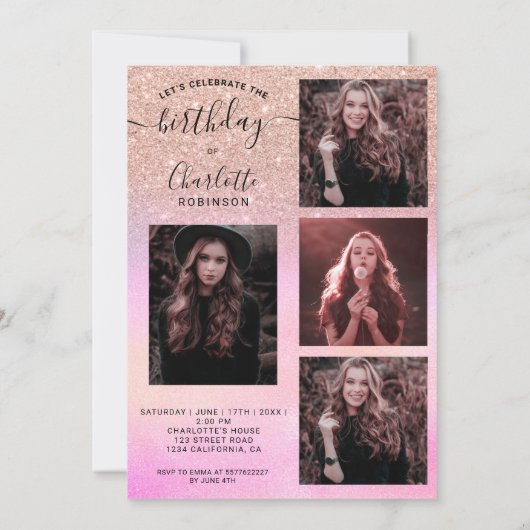 Rose Gold Glitzer holografische 5 Fotos süß 16 Einladung (Rückseite)