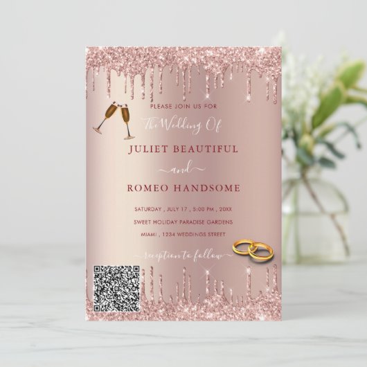 Rose Gold Glitzer Ihr QR Code Einladung Hochzeit (Stehend Vorderseite)