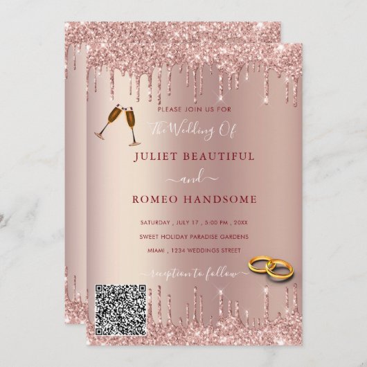 Rose Gold Glitzer Ihr QR Code Einladung Hochzeit (Vorne/Hinten)