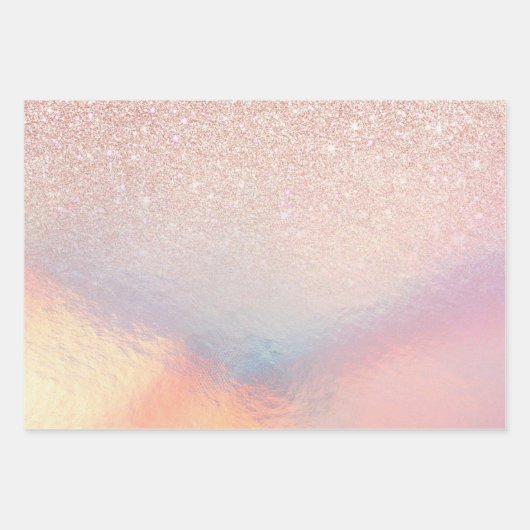 Rose Gold Glitzer Iridescent Holographic Gradient Geschenkpapier Set (Vorderseite)