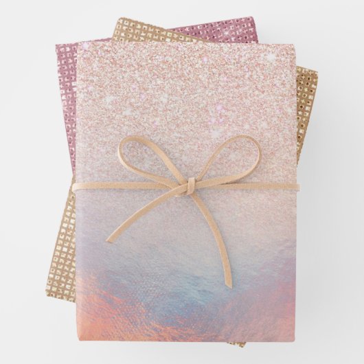 Rose Gold Glitzer Iridescent Holographic Gradient Geschenkpapier Set (Beispiel)