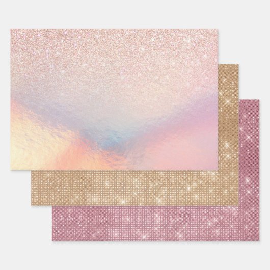 Rose Gold Glitzer Iridescent Holographic Gradient Geschenkpapier Set (Set)