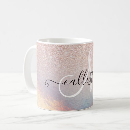 Rose Gold Glitzer Iridescent Holographic Gradient Kaffeetasse (Vorderseite Links)