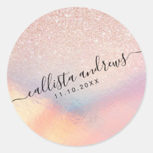 Rose Gold Glitzer Iridescent Holographic Gradient Runder Aufkleber
