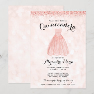 Rose Gold Glitzer Kleid Quinceanera Einladungen