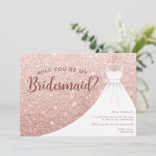 Rose Gold Glitzer Kleid werden Sie meine Bridesmai Einladung (Stehend Vorderseite)