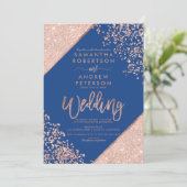 Rose Gold Glitzer Konfetti Blauer Hochzeit Einladung (Stehend Vorderseite)