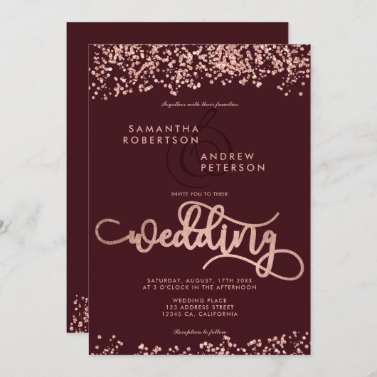 Rose Gold Glitzer Konfetti Bordeaux Hochzeit Foto Einladung (Vorne/Hinten)