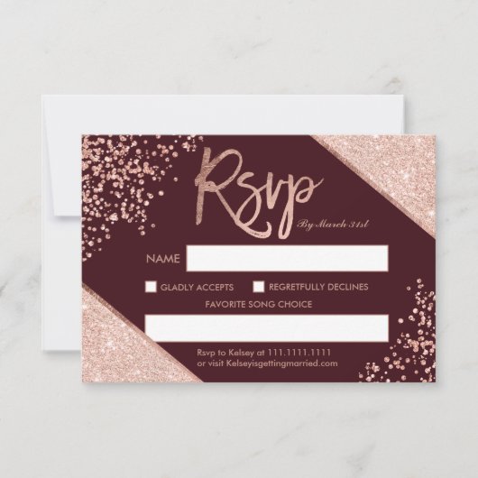 Rose Gold Glitzer Konfetti Bordeaux uAwg Hochzeit RSVP Karte (Vorderseite)