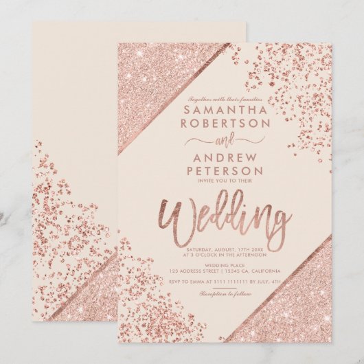 Rose Gold Glitzer Konfetti Chic Elfenbeinhochzeit Einladung (Vorne/Hinten)
