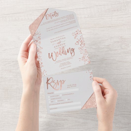 Rose Gold Glitzer Konfetti Grauschick Hochzeit All In One Einladung (Abreißen)
