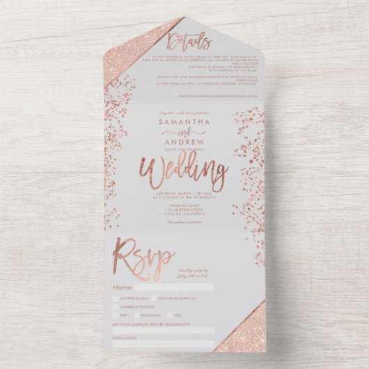 Rose Gold Glitzer Konfetti Grauschick Hochzeit All In One Einladung (Innen Boden)