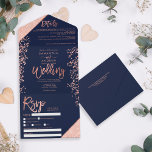 Rose Gold Glitzer Konfetti Marinebräu All In One Einladung<br><div class="desc">Elegante schicke Rose Gold Glitzer Konfetti und Typografie blaue Hochzeit ,  Rose Gold Glitzer Farbe Block Typografie auf anpassbare Marine Blau und Imitat Rose goldene geometrische Streifen schicke Hochzeit ,  perfekt für elegante,  luxuriöse Hochzeit,  fügen Sie Ihr Foto,  Hochzeitsdetails und uAwg.</div>