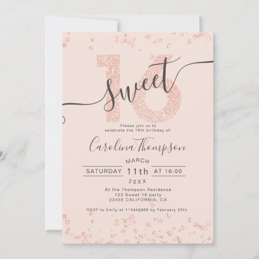 Rose Gold Glitzer Konfetti Rose Sweet 16 Foto Einladung (Vorderseite)